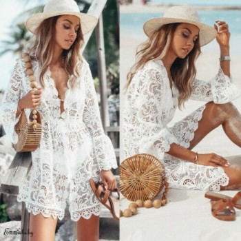  New Summer Women Bikini Cover Up Floral Lace Hollow Crochet Swimsuit Cover-Ups Bathing Suit Beachwear 